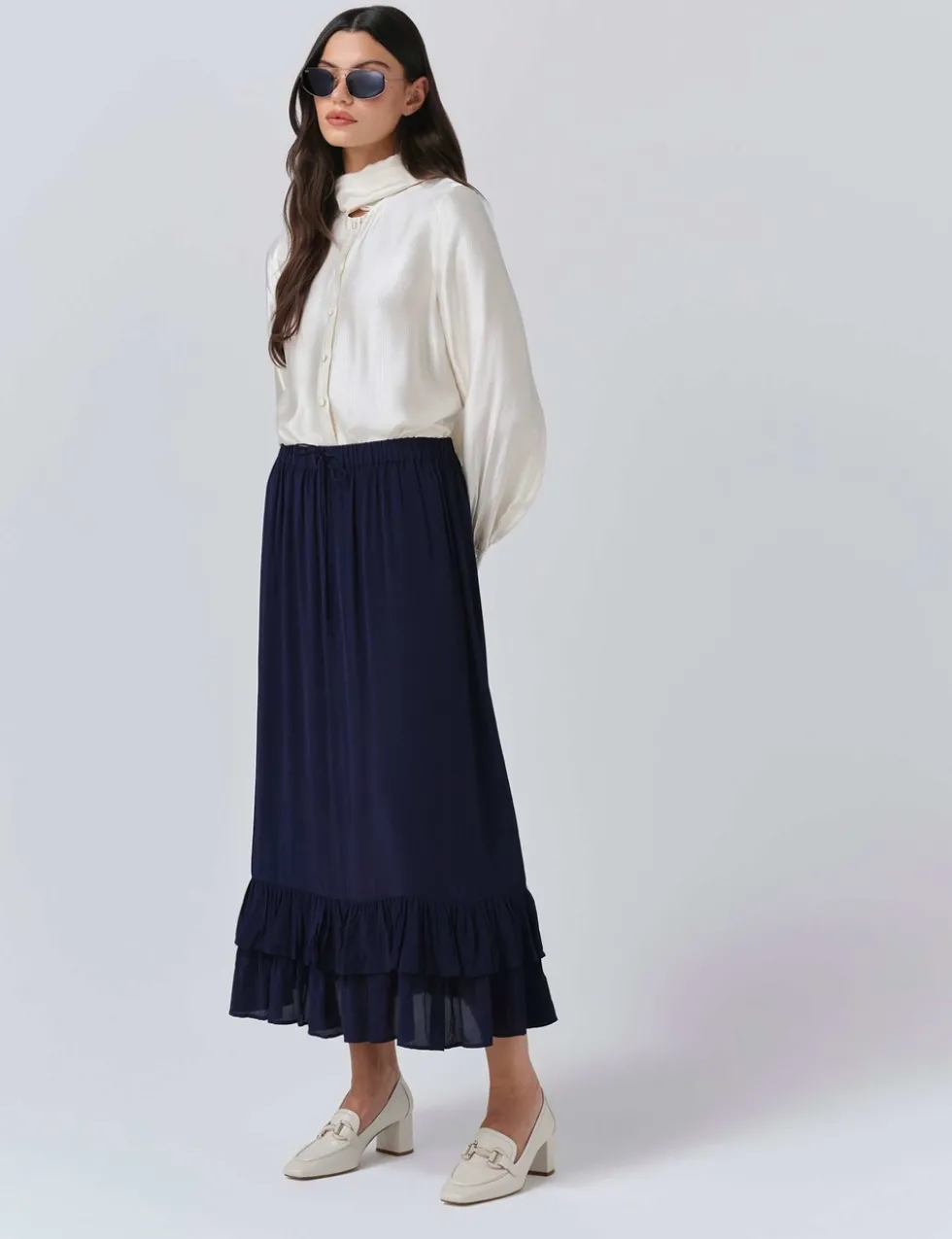 Crepe Ruffle Midi Tiered Skirt