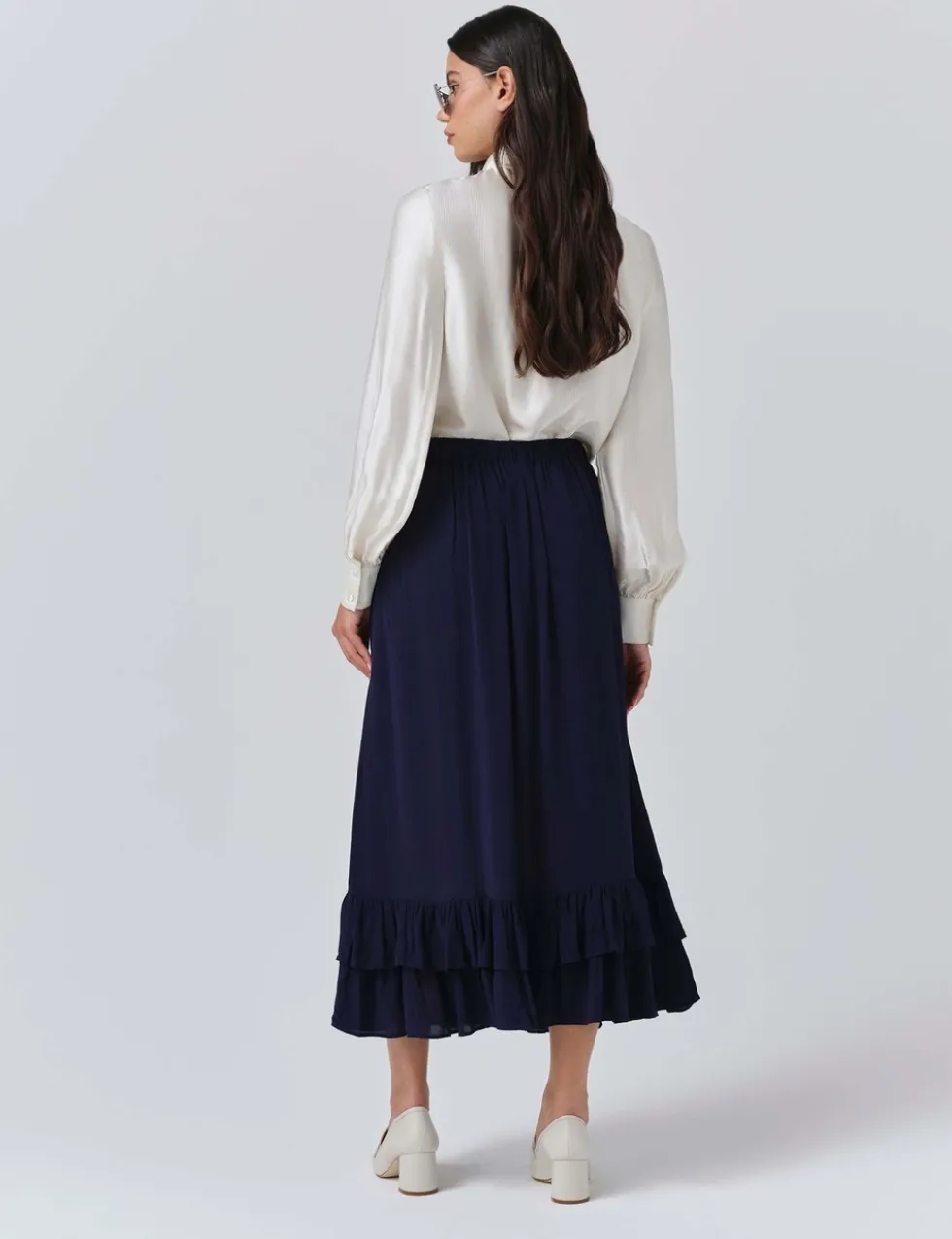 Crepe Ruffle Midi Tiered Skirt