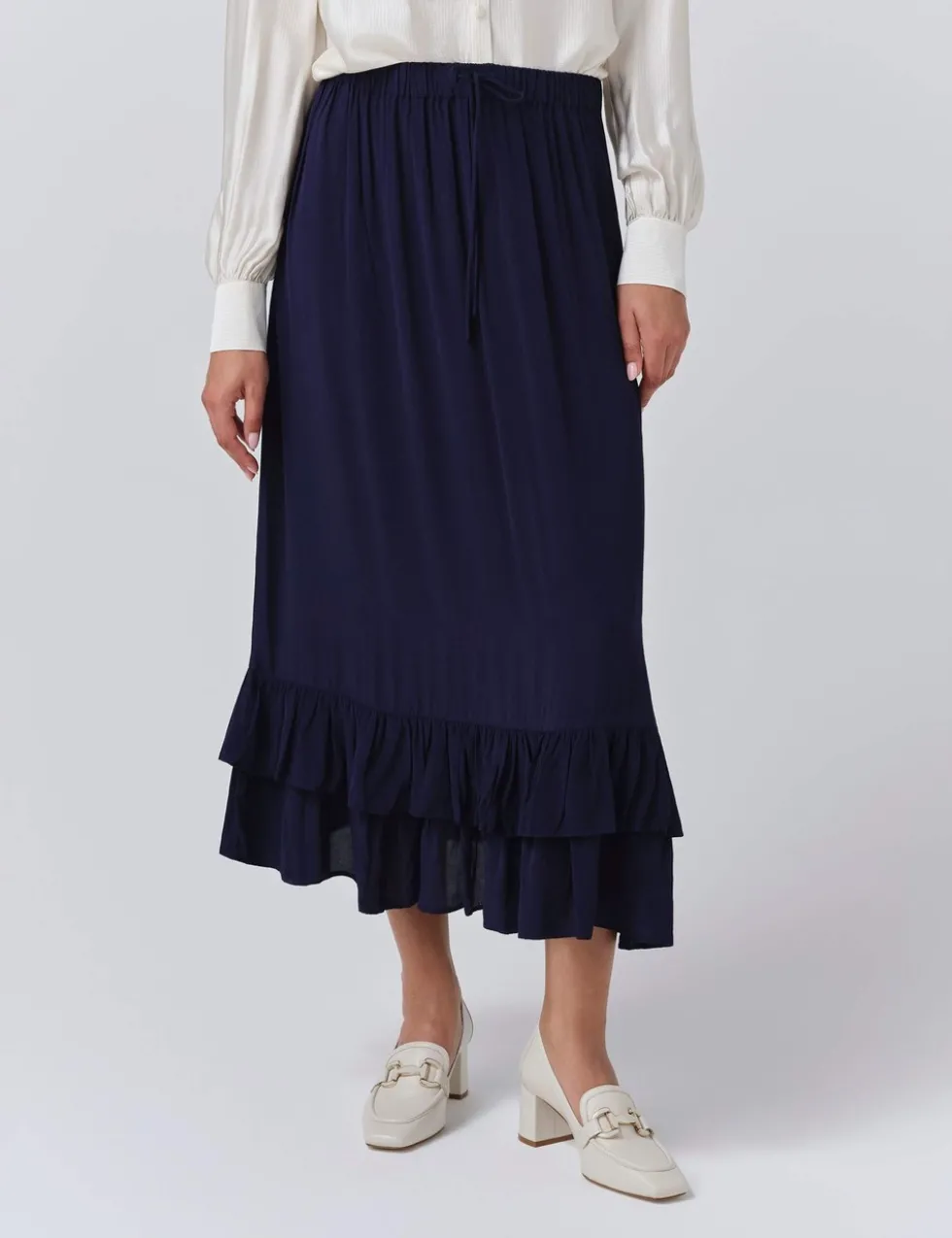 Crepe Ruffle Midi Tiered Skirt