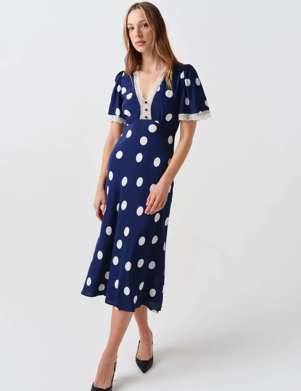 Crepe Spot Lace V-Neck Midi Tea Dress
