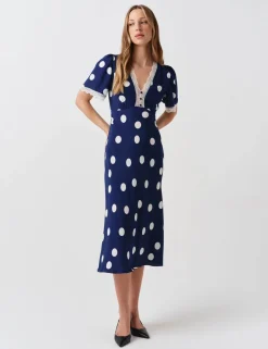 Crepe Spot Lace V-Neck Midi Tea Dress