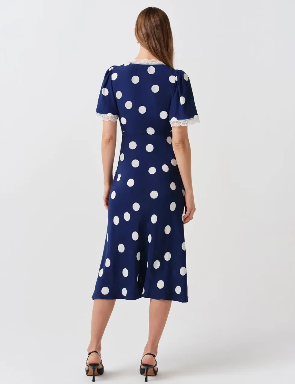 Crepe Spot Lace V-Neck Midi Tea Dress