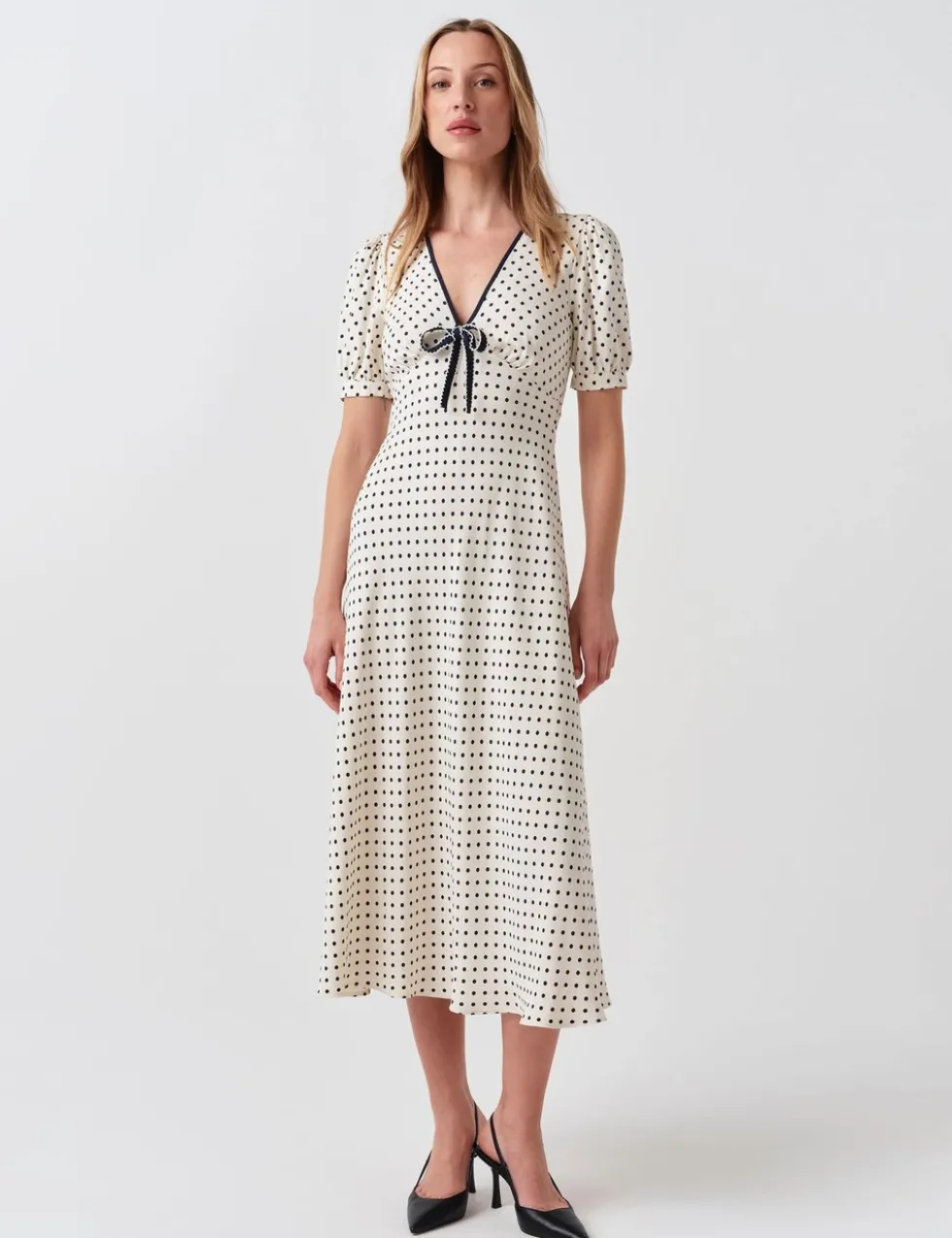 Crepe Spot Print V-Neck Midi Dress