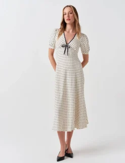 Crepe Spot Print V-Neck Midi Dress