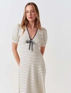 Crepe Spot Print V-Neck Midi Dress