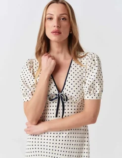 Crepe Spot Print V-Neck Midi Dress