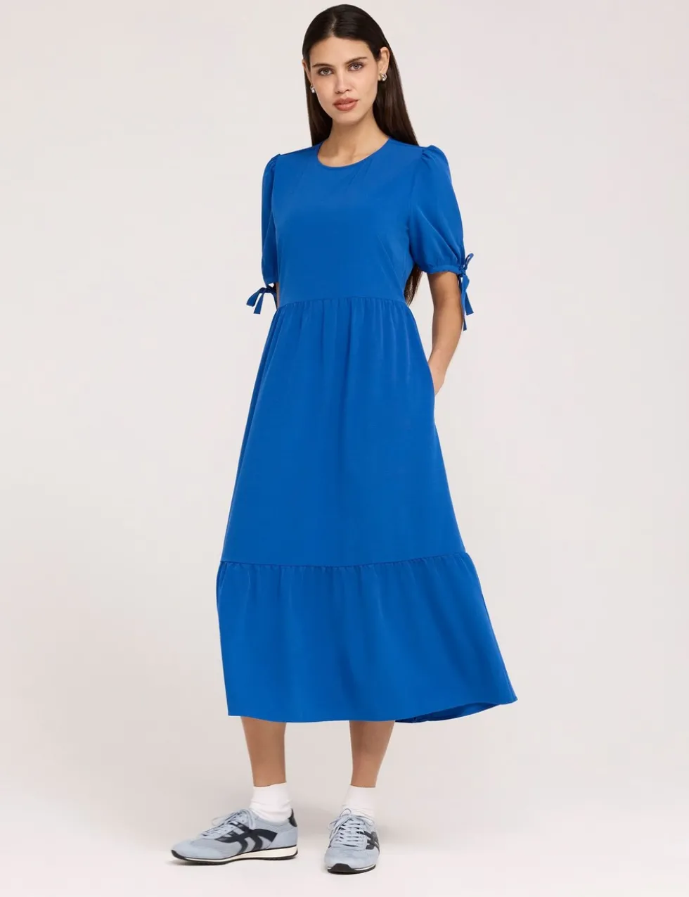 Crepe Tie Detail Tiered Midi Dress
