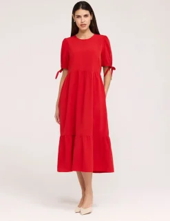 Crepe Tie Detail Tiered Midi Dress