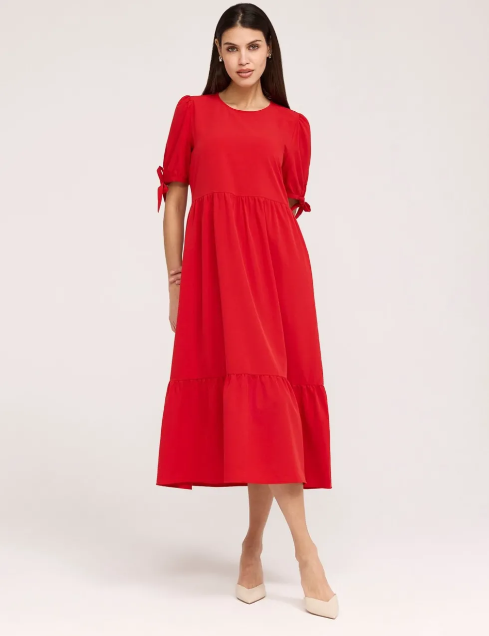 Crepe Tie Detail Tiered Midi Dress
