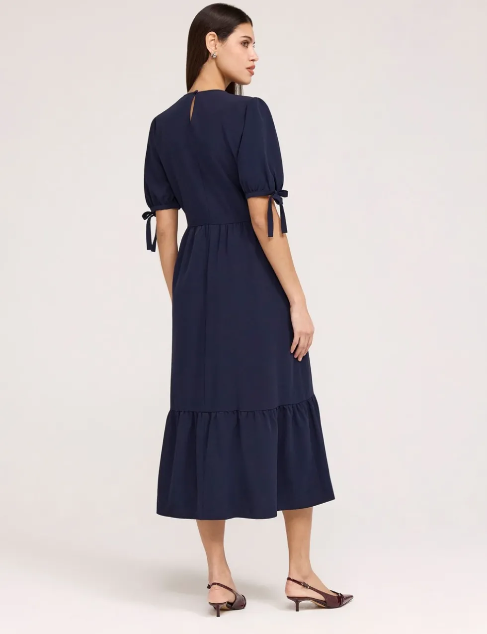 Crepe Tie Detail Tiered Midi Dress