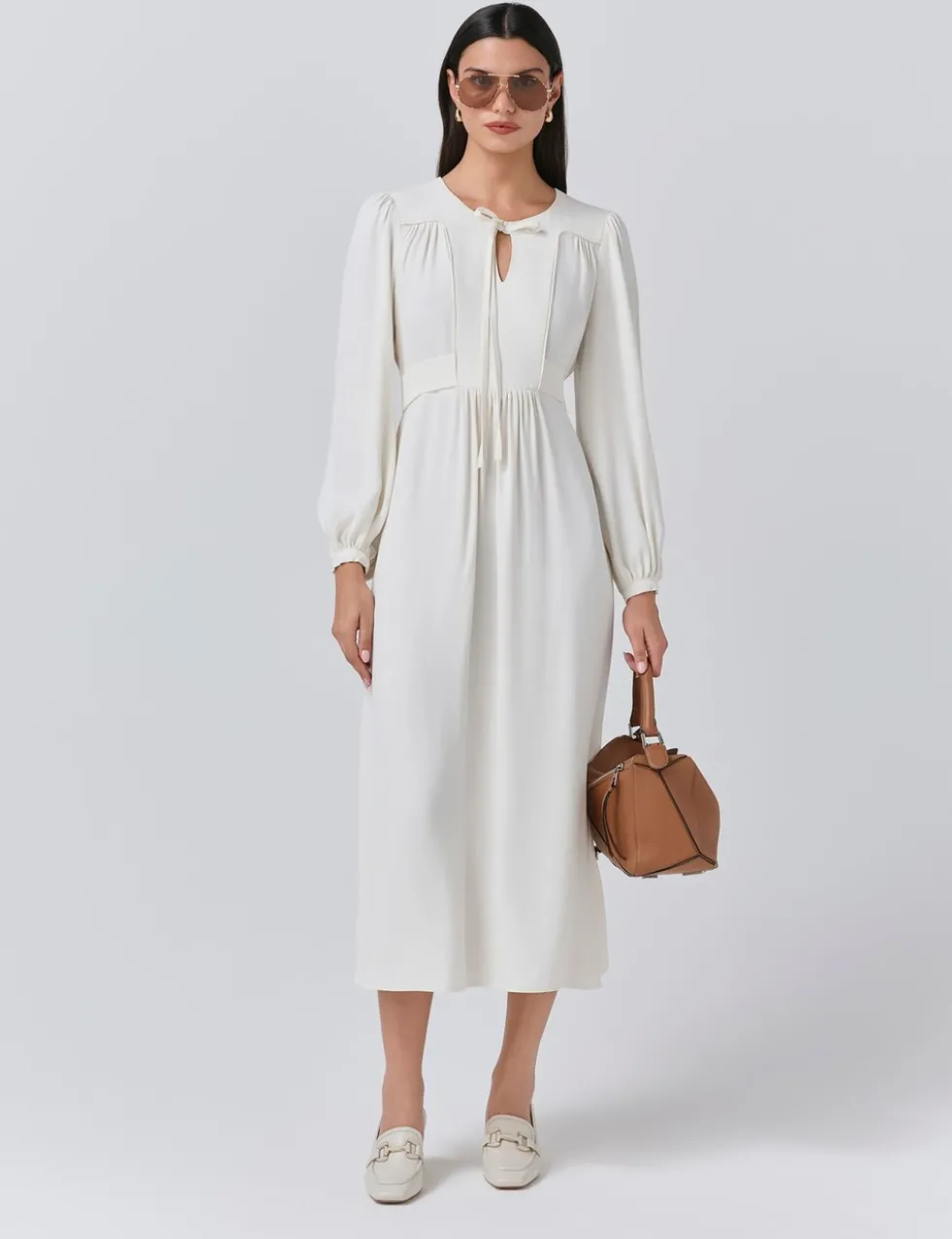 Crepe Tie Neck Midi Smock Dress