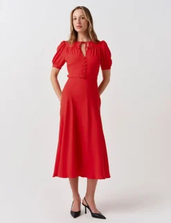 Crepe Tie Neck Midi Waisted Dress
