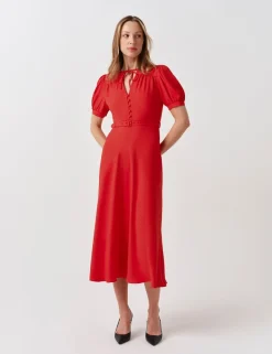 Crepe Tie Neck Midi Waisted Dress