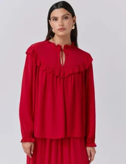Crepe Tie Neck Ruffle Blouson Sleeve Blouse