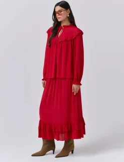 Crepe Tie Neck Ruffle Blouson Sleeve Blouse