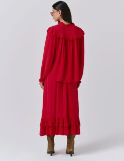 Crepe Tie Neck Ruffle Blouson Sleeve Blouse