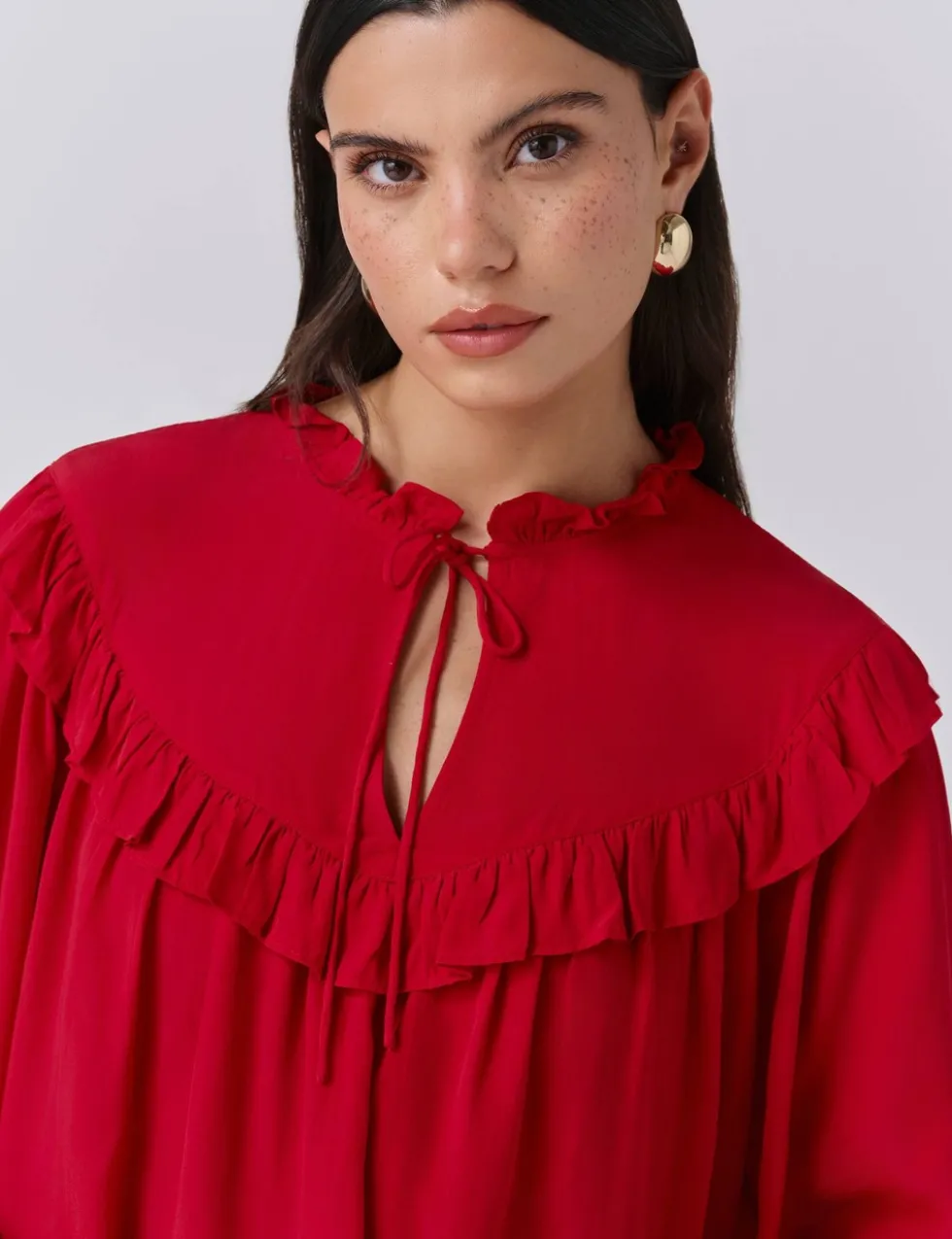 Crepe Tie Neck Ruffle Blouson Sleeve Blouse