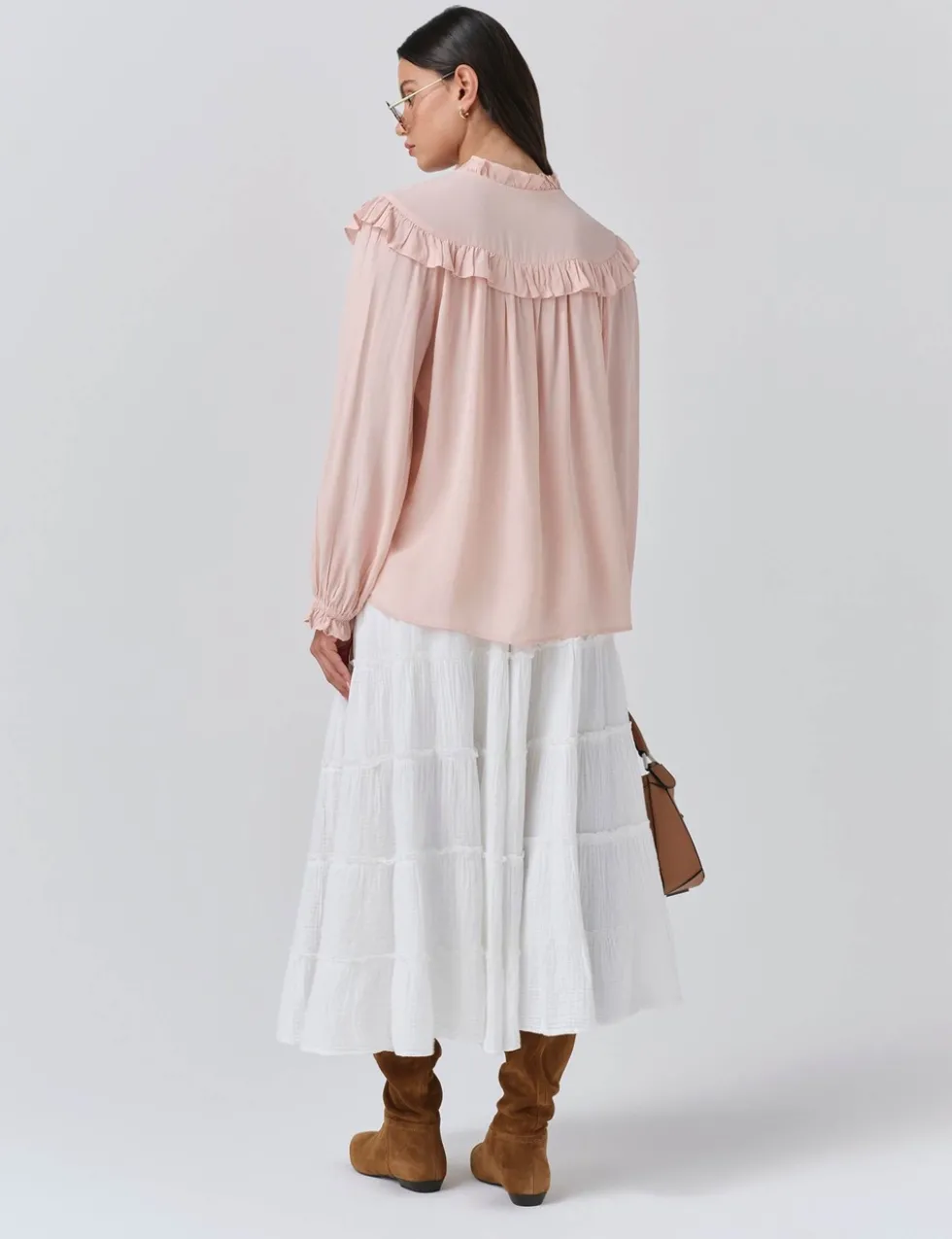 Crepe Tie Neck Ruffle Blouson Sleeve Blouse