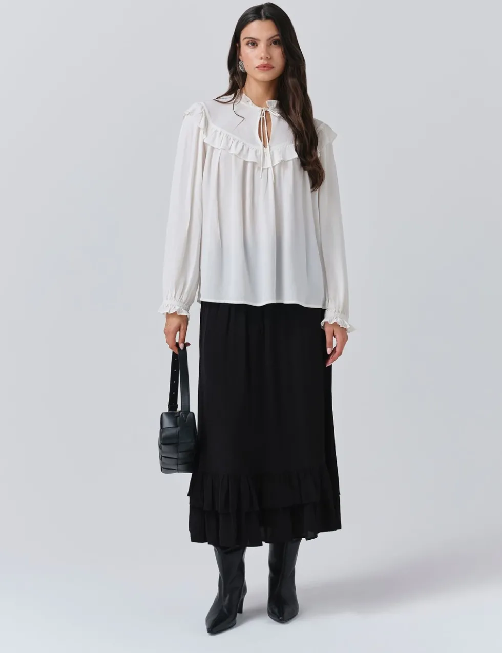 Crepe Tie Neck Ruffle Blouson Sleeve Blouse