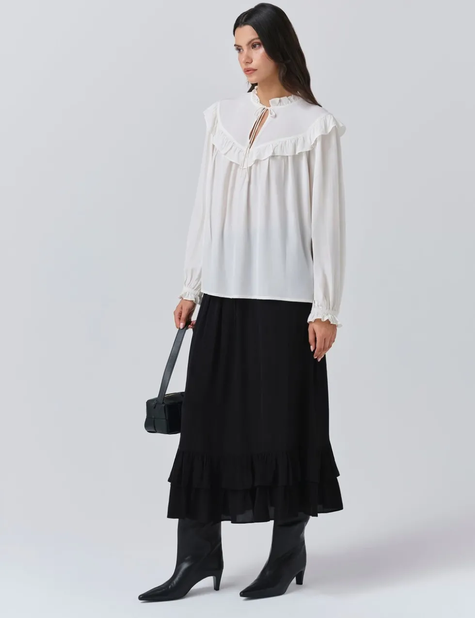 Crepe Tie Neck Ruffle Blouson Sleeve Blouse