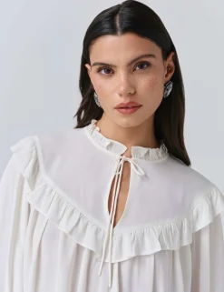 Crepe Tie Neck Ruffle Blouson Sleeve Blouse