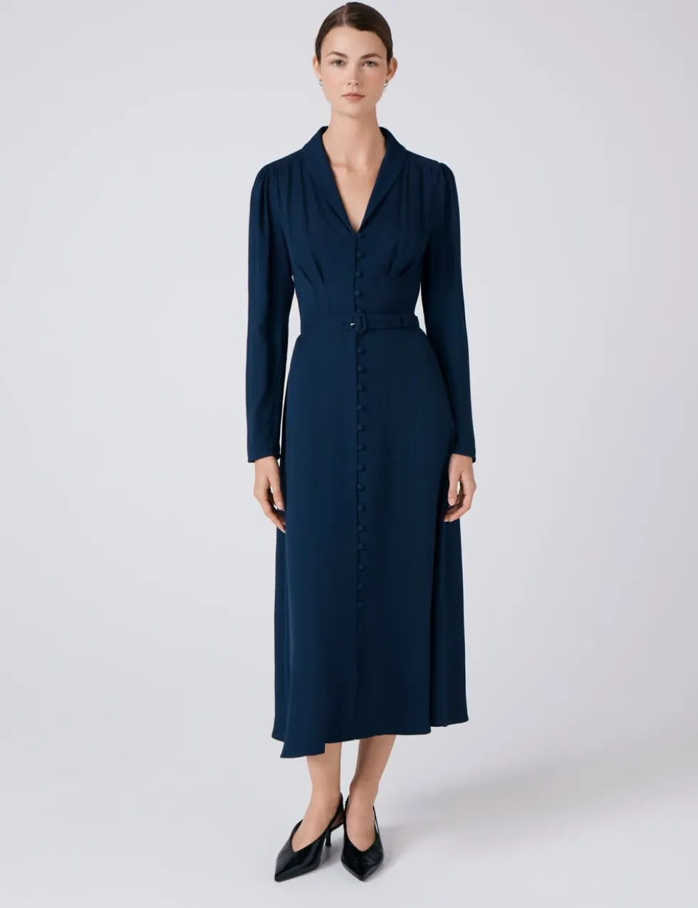 Crepe V-Neck Button Front Midi Waisted Dress