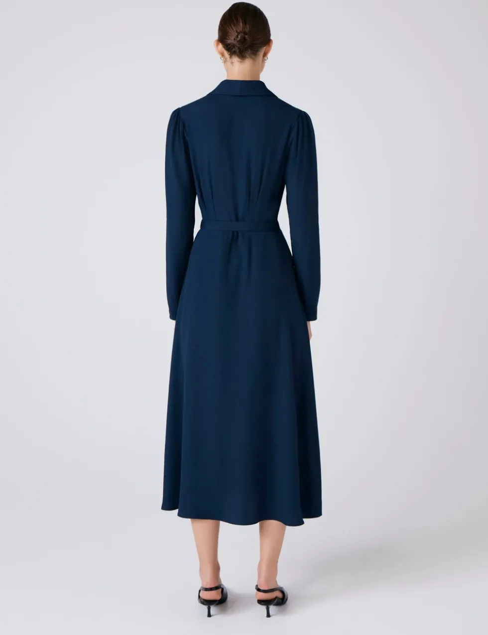 Crepe V-Neck Button Front Midi Waisted Dress