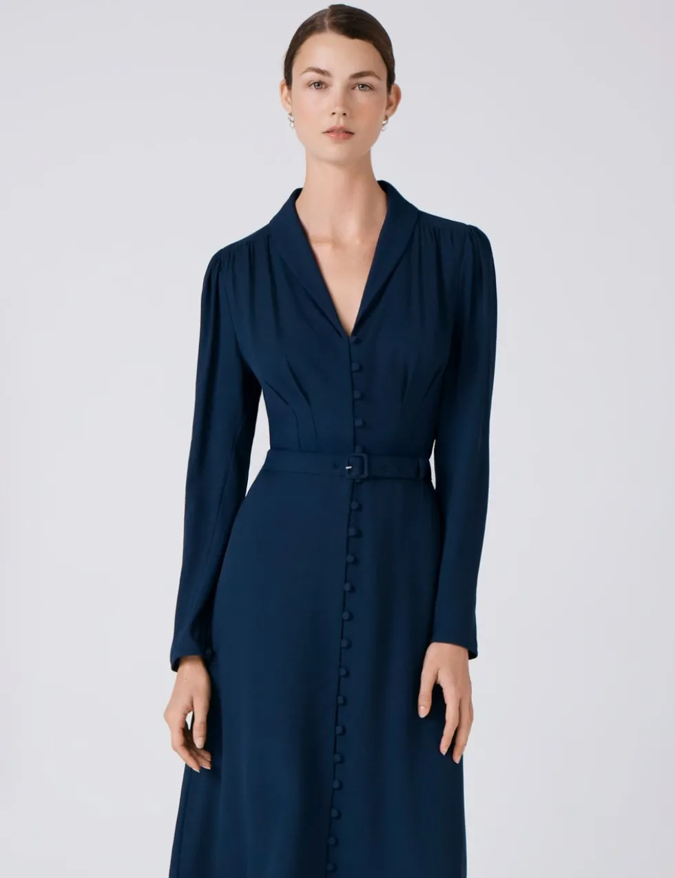 Crepe V-Neck Button Front Midi Waisted Dress