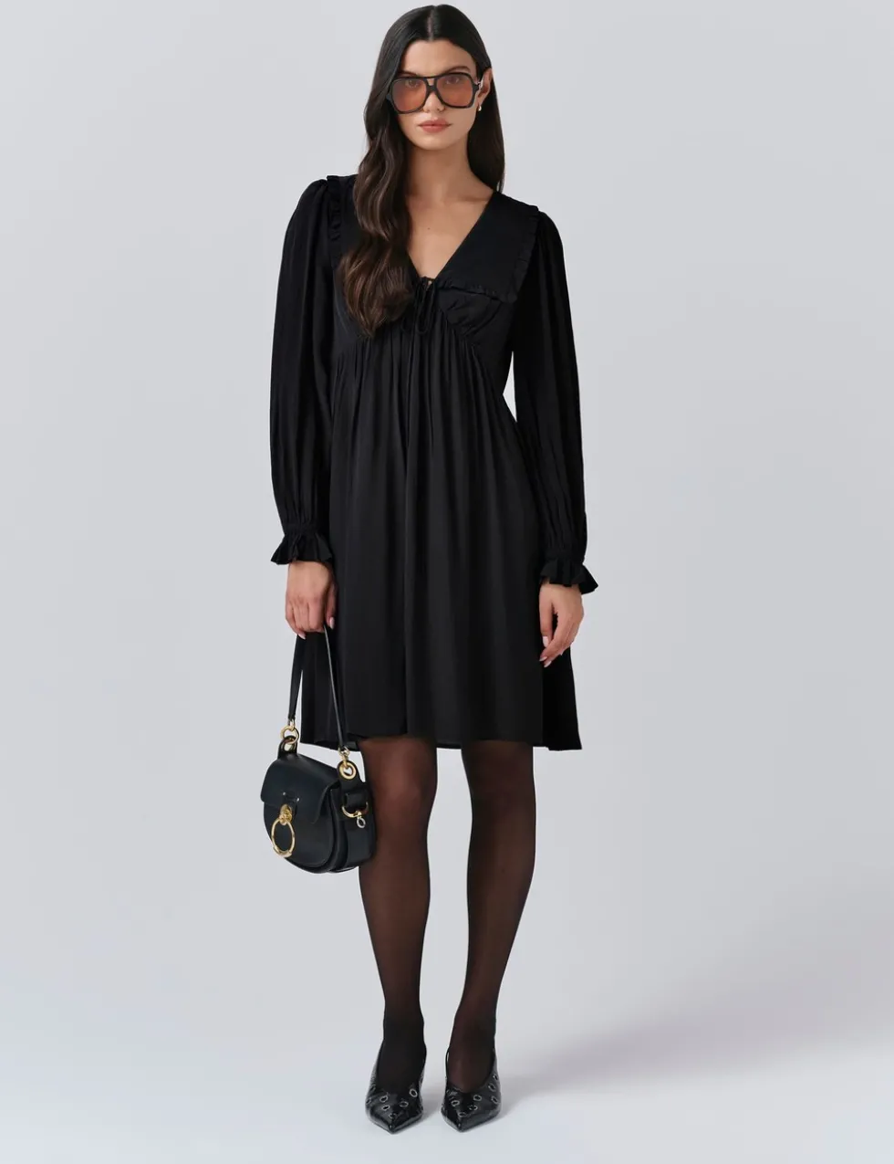 Crepe V-Neck Frill Collar Mini Smock Dress