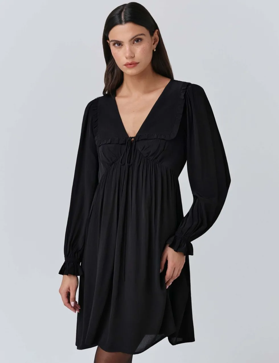 Crepe V-Neck Frill Collar Mini Smock Dress
