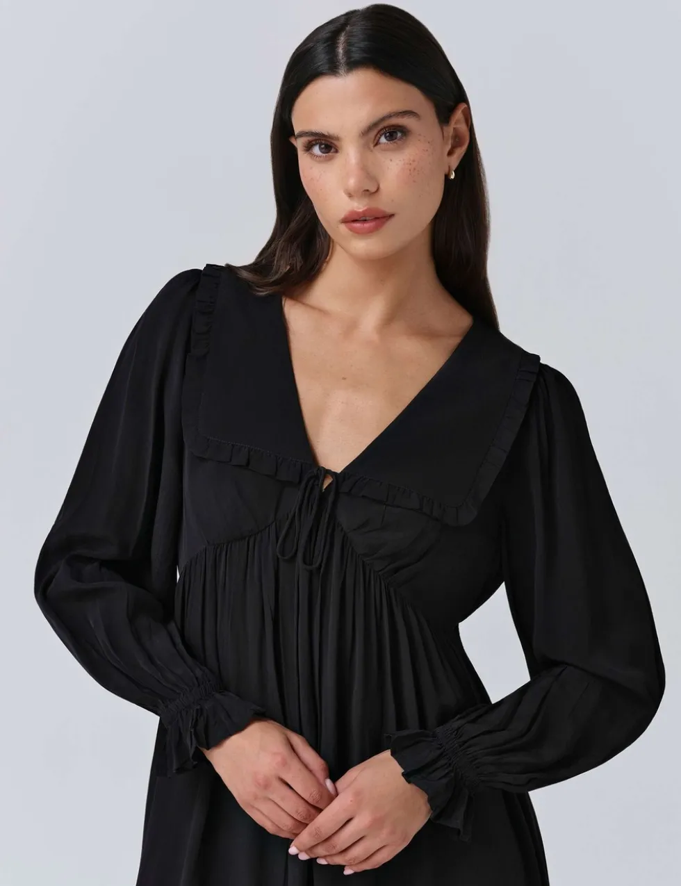 Crepe V-Neck Frill Collar Mini Smock Dress