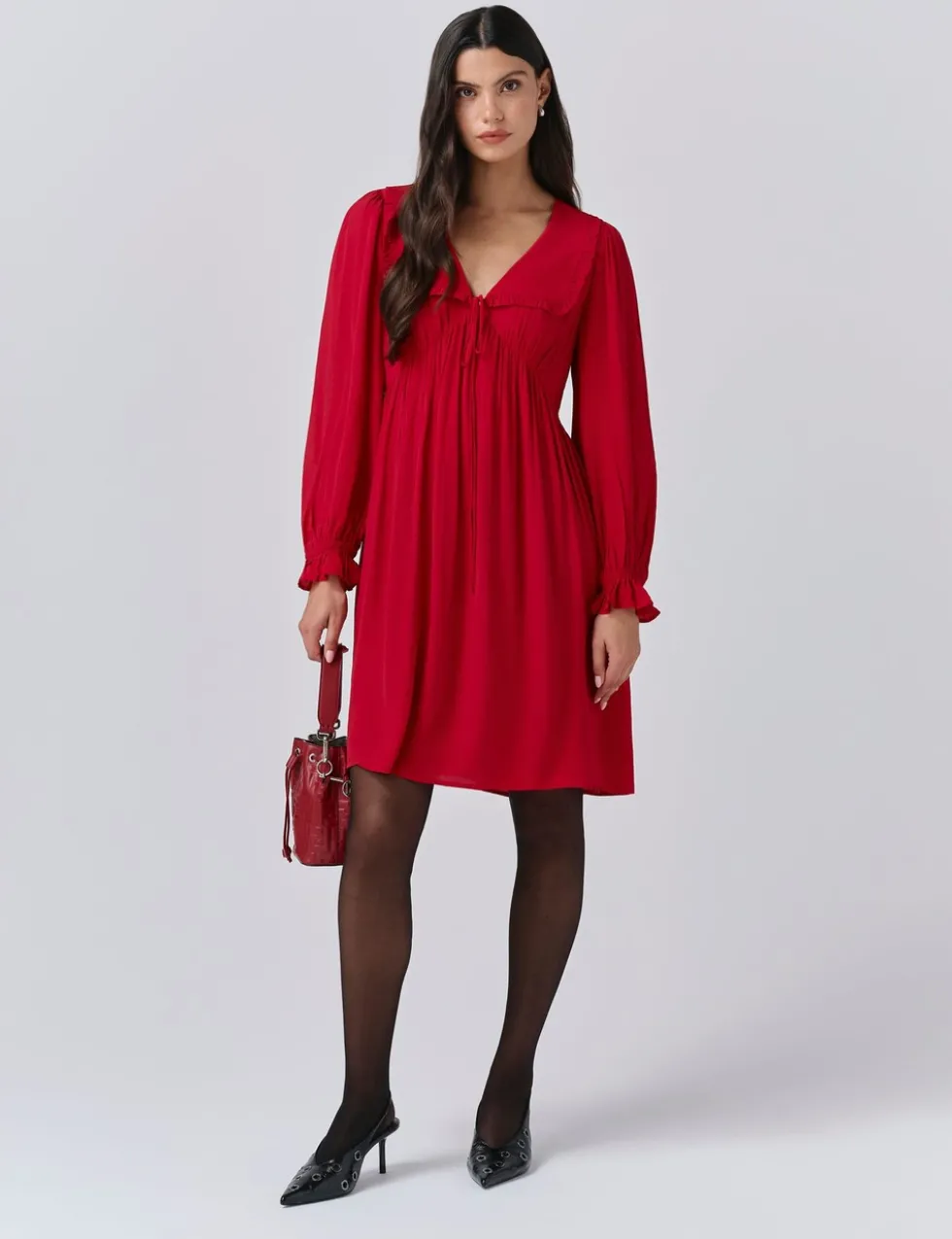 Crepe V-Neck Frill Collar Mini Smock Dress
