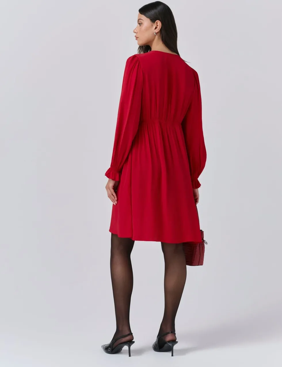 Crepe V-Neck Frill Collar Mini Smock Dress