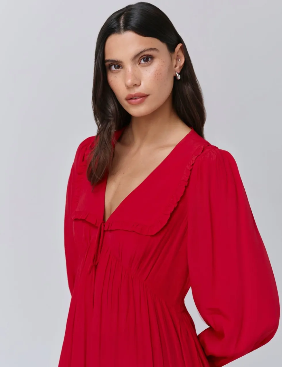 Crepe V-Neck Frill Collar Mini Smock Dress