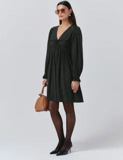 Crepe V-Neck Frill Collar Mini Smock Dress