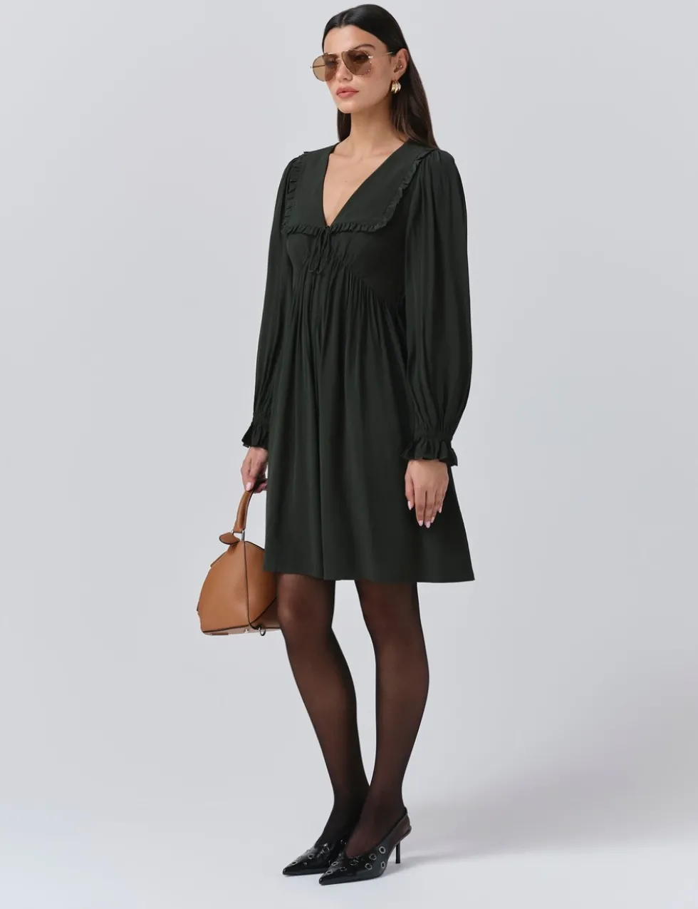 Crepe V-Neck Frill Collar Mini Smock Dress