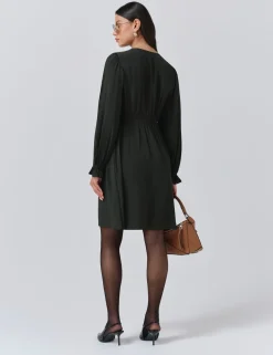 Crepe V-Neck Frill Collar Mini Smock Dress