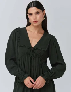 Crepe V-Neck Frill Collar Mini Smock Dress