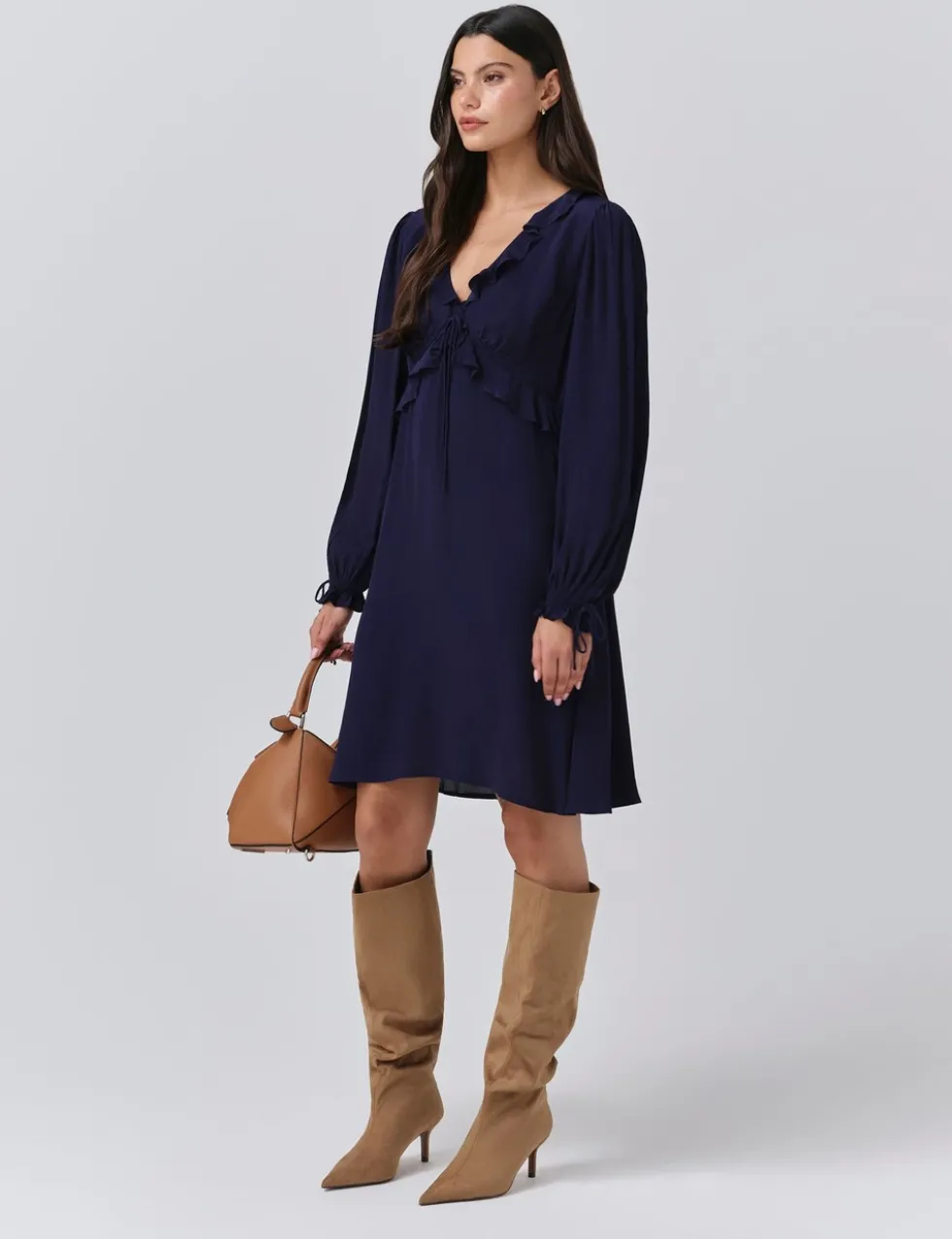 Crepe V-Neck Frill Detail Mini Dress
