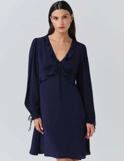 Crepe V-Neck Frill Detail Mini Dress