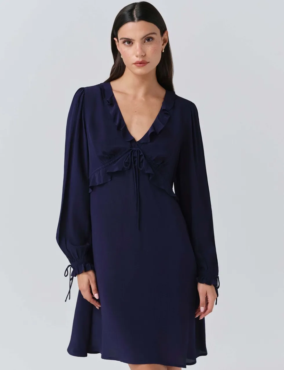 Crepe V-Neck Frill Detail Mini Dress
