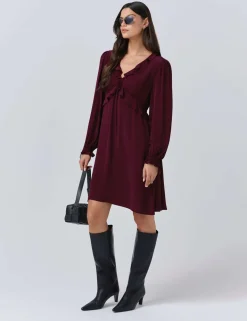 Crepe V-Neck Frill Detail Mini Dress