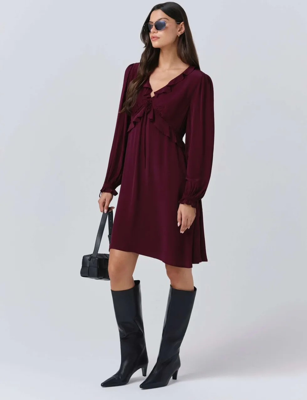 Crepe V-Neck Frill Detail Mini Dress