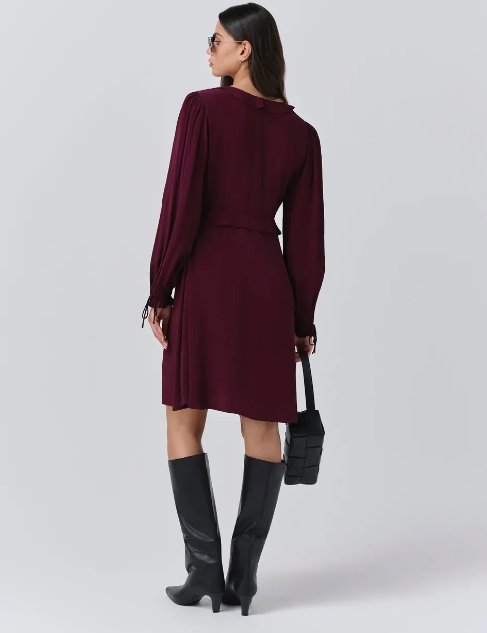 Crepe V-Neck Frill Detail Mini Dress