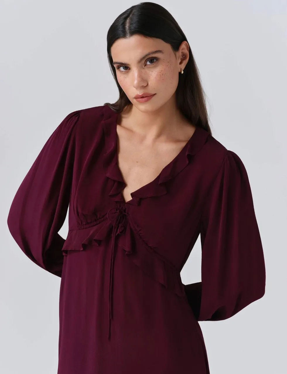 Crepe V-Neck Frill Detail Mini Dress