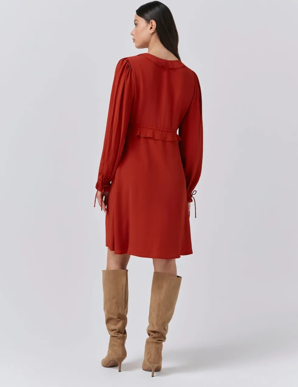Crepe V-Neck Frill Detail Mini Dress