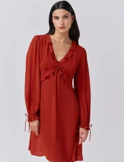 Crepe V-Neck Frill Detail Mini Dress