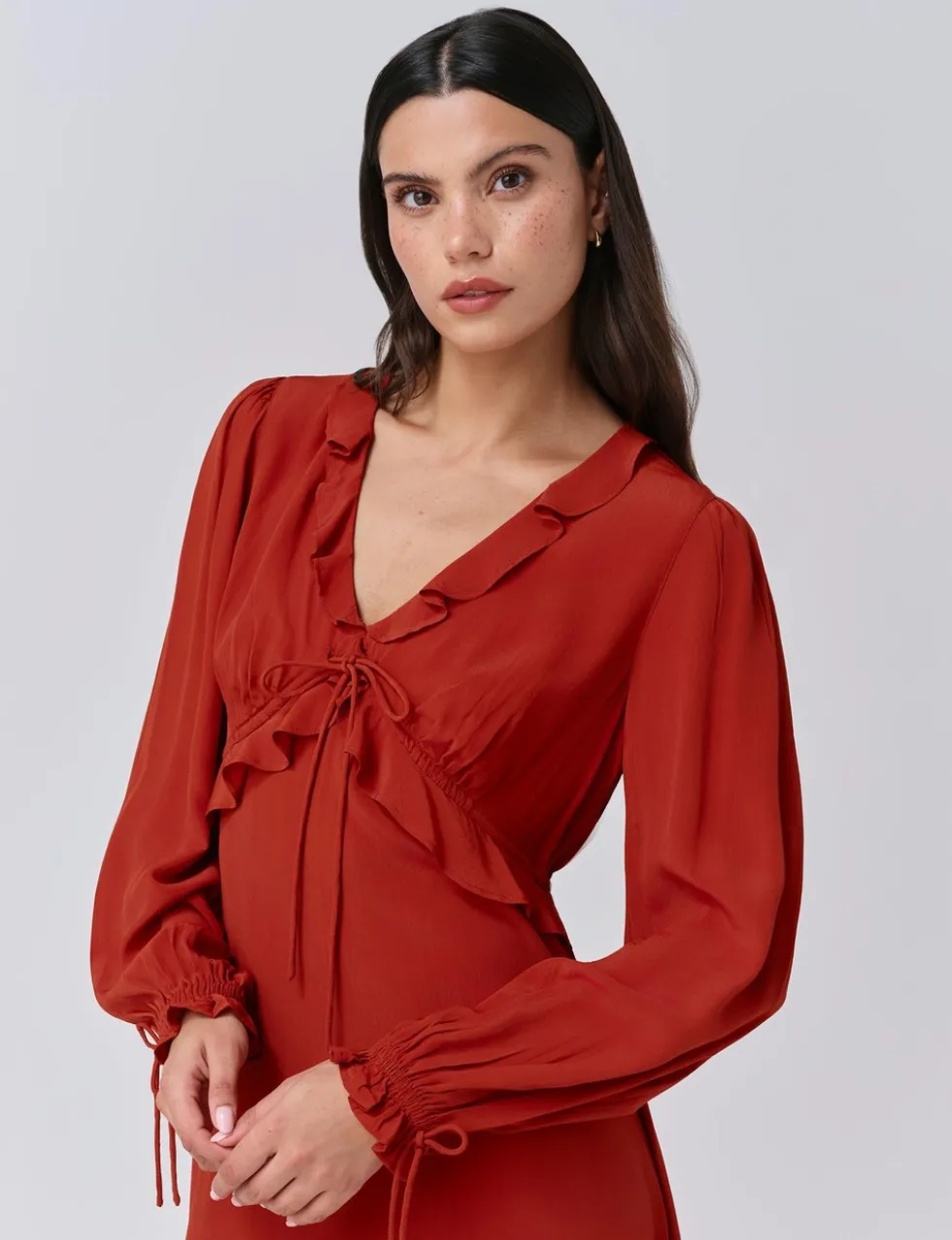 Crepe V-Neck Frill Detail Mini Dress
