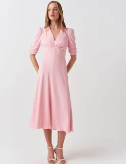 Crepe V-Neck Midi Tea Dress