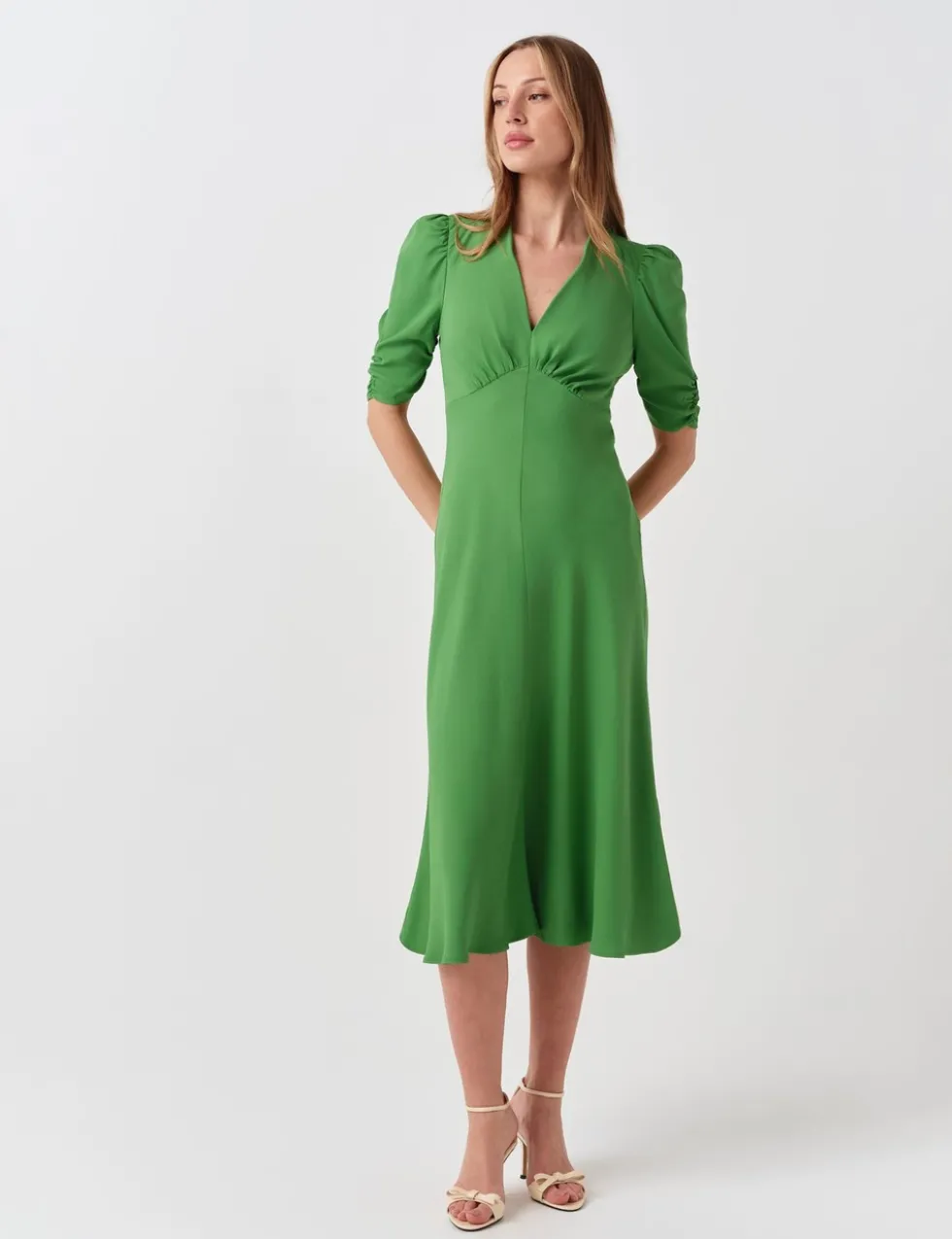 Crepe V-Neck Midi Tea Dress